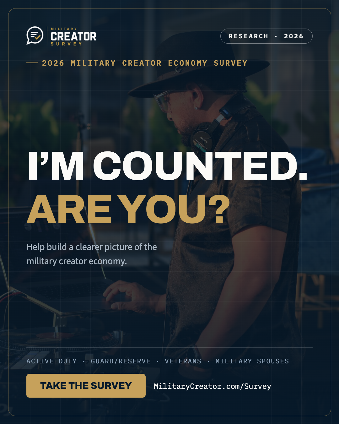 I’m counted. Are you? — 2026 Military Creator Economy Survey campaign badge — version 2