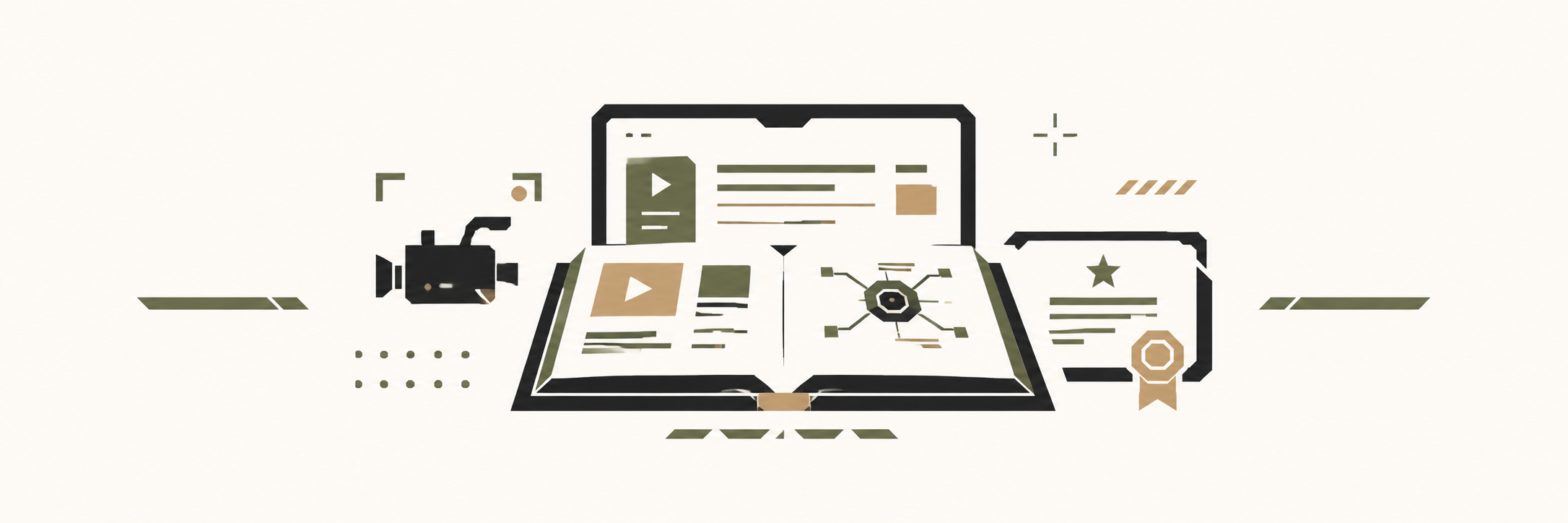 Illustration of a playbook, video course, and certificate
